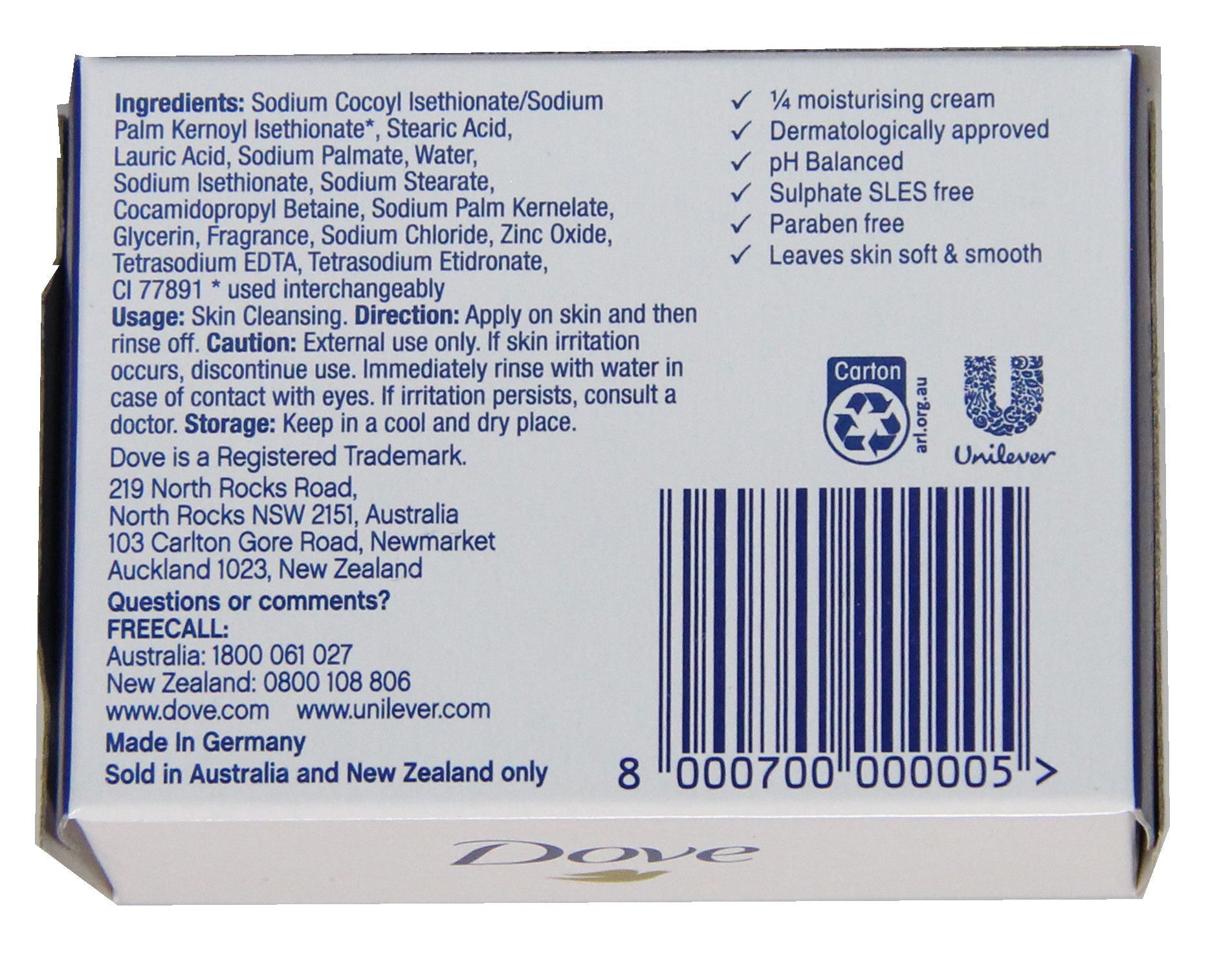 dove soap specification
